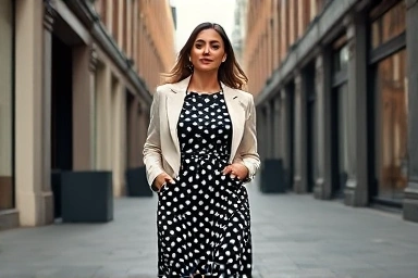 Woman in polka dot dress with blazer on city street
