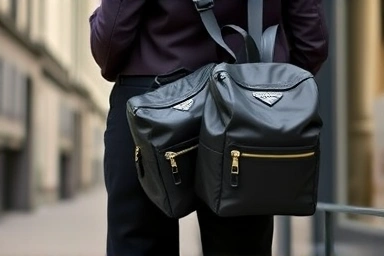 Woman wearing Prada nylon backpacks, size comparison