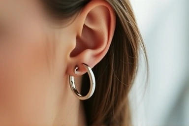 Elegant silver hoop earring on a woman's earlobe