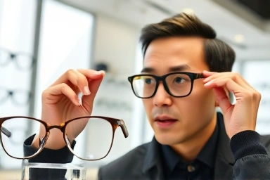Person with round face trying on angular eyeglasses