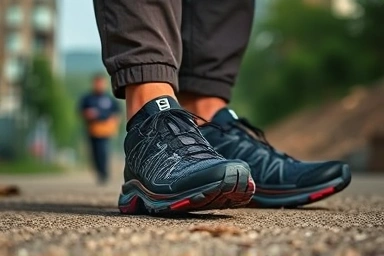 Salomon XT-6 sneakers on an outdoor path.