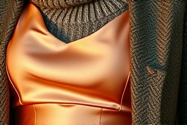 Fabric textures: satin dress, knit sweater, tweed blazer.