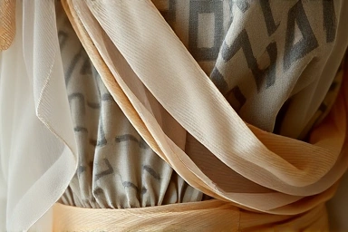 Close-up of sheer fabric revealing layered textures and patterns.