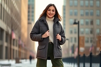 Woman wearing stylish short padded jacket in winter city.