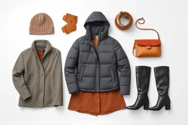 Flat lay of winter fashion essentials with a short padded jacket.