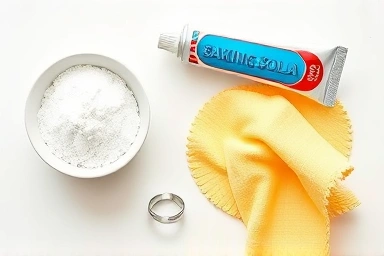 Household silver cleaning ingredients and sparkling ring.