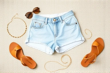 Summer fashion flat lay with anklets, sandals, and shorts.