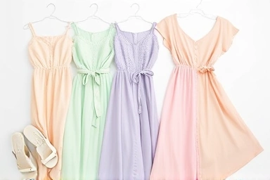 Pastel summer dresses, fabric textures, fashion accessories