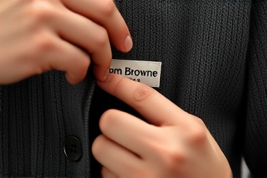 Close-up of Thom Browne cardigan label and buttons