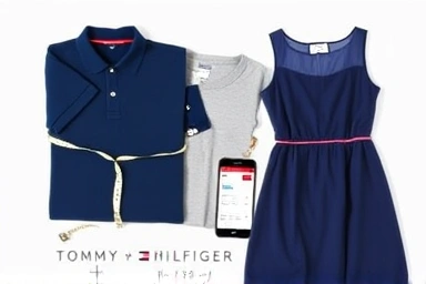 Tommy Hilfiger clothes with measuring tape and smartphone for sizing