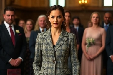 Elegant wedding guest in tweed jacket and skirt