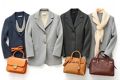 Variety of tweed jackets and elegant accessories laid out