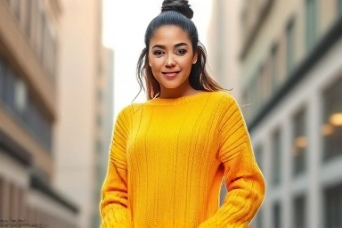 Woman in bright yellow knit sweater, confident, stylish, urban setting.