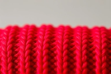 Close-up of vivid red knit sweater texture, rich color, neutral background.