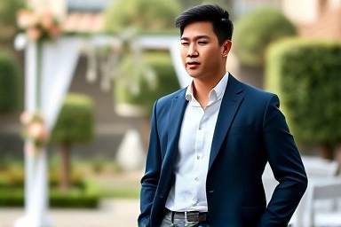 Man in navy blazer at wedding, sophisticated Korean groom's guest attire.