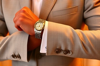 Detail shot of wedding guest blazer outfit, watch, and shirt cuff.
