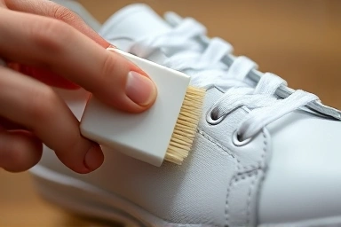Cleaning white leather sneakers with a brush.