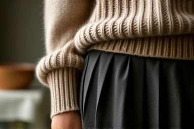Close-up texture of wool pleated skirt and cashmere knit sweater
