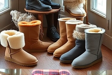 Stylish winter ugg boots on a wooden floor