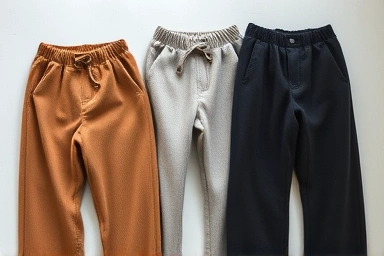 Close-up texture of various winter wide-leg pants.