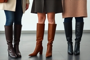 Detailed view of long boots with winter outfits.