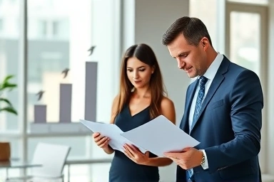 Business owner and tax advisor discussing corporate articles.