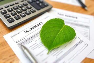Tax documents, calculator, green leaf, financial recovery symbol.