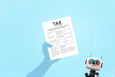 Tax form processing, robot arm, digital efficiency, simplified finance