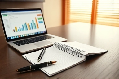 Modern office desk with financial ledger and pen.