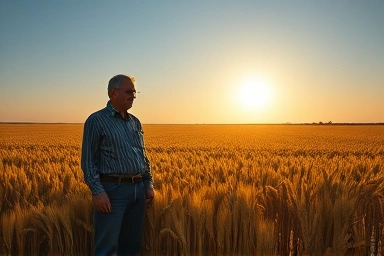 Farmer in golden wheat field at sunset, legacy and hard work