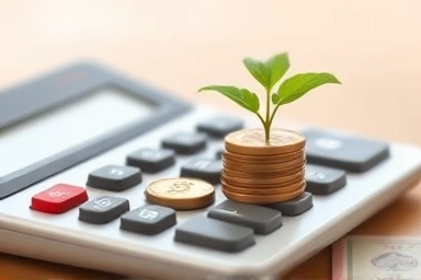 Financial growth and savings symbolized by calculator and plant.