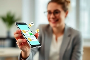 Smartphone tax filing app with money and document icons.