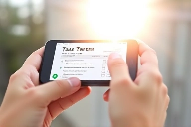 Hands holding smartphone with completed tax form and success symbol.