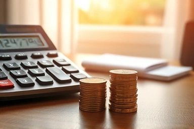 Financial growth, coins, calculator, tax deduction
