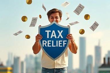 Tax relief symbol, person with shield, falling tax forms, bright cityscape.