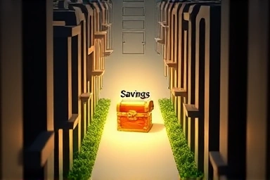 Financial clarity maze, path to savings, treasure chest, guiding light.