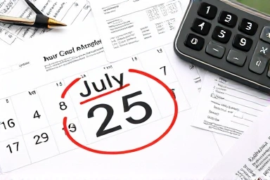 Calendar with circled tax deadline and financial tools.