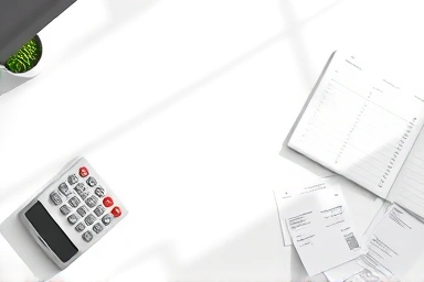 Financial planning desk with calculator and receipts.