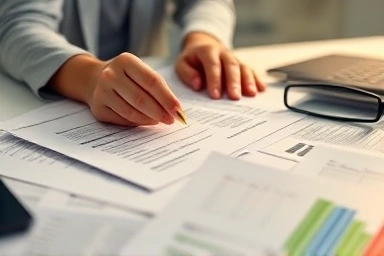 Hands organizing tax documents and financial forms.