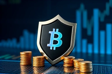 Digital coins protected by shield, financial strategy concept