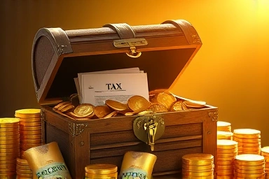 Treasure chest overflowing with coins and tax documents, symbolizing financial success.