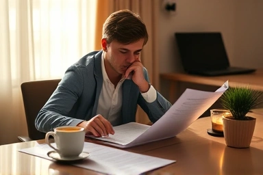 Person calmly reviewing financial documents at a desk, symbolizing organized planning.