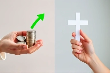 Symbolic representation of financial gain and healthcare costs in insurance transition.