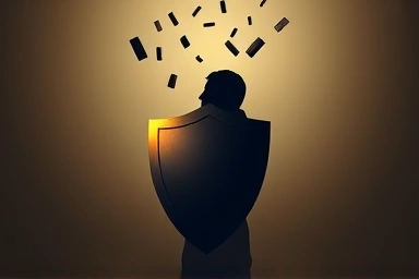 Symbolic shield protecting person from falling objects