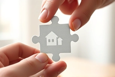 Hand assembling puzzle pieces to build a secure home