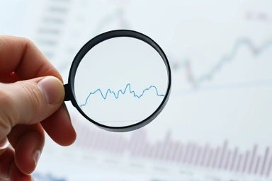 Magnifying glass over financial charts showing low vs. volatile annuity returns.