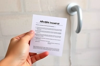 Hand holding insurance policy near water damage repair