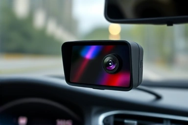 Modern car dashboard with integrated black box, sunlight.