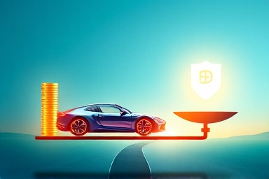 Car insurance savings represented by digital scales and a shield.