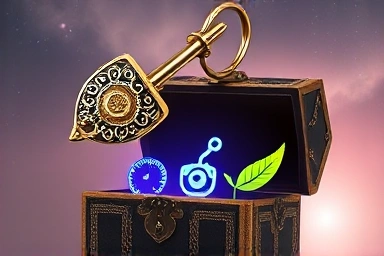 Car insurance discount icons emerging from a treasure chest unlocked by a key.